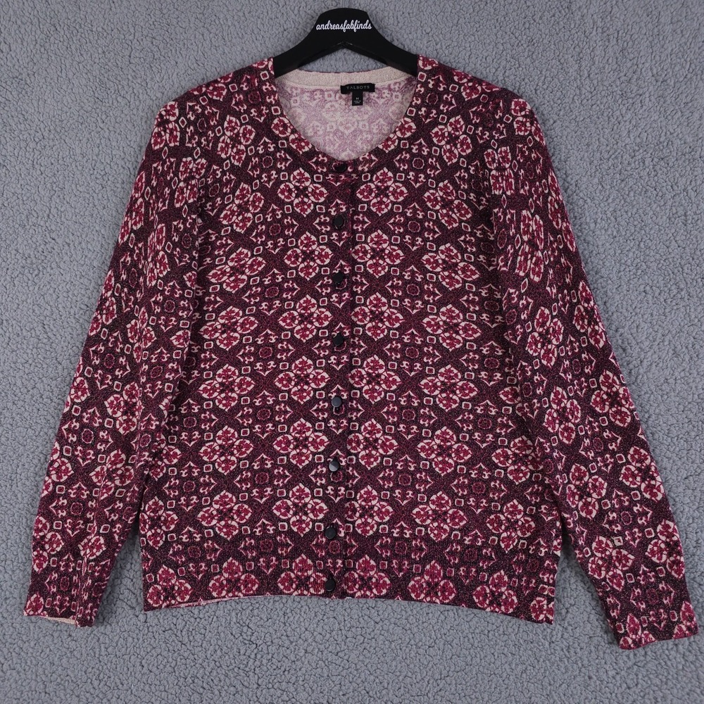 Talbots Cardigan Sweater Womens M Red Gold Metallic Geo Button Up Lightweight